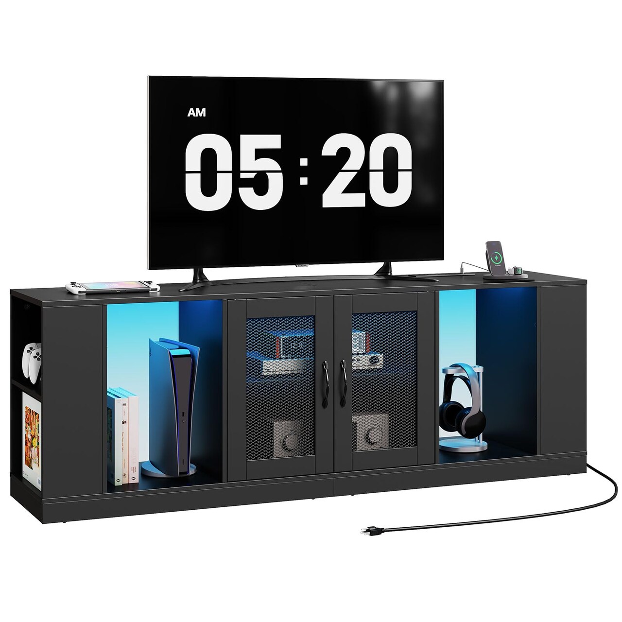 Black Particleboard TV Stand with LED Lights and Charging Station